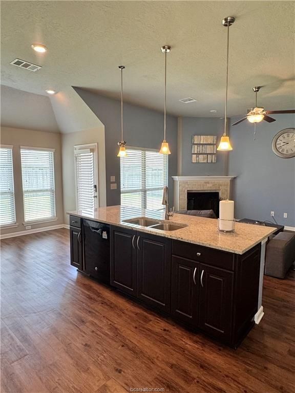 Fireplace, Interior, Kitchen, Pendant Lights, Recessed Lighting, Wood Texture Flooring