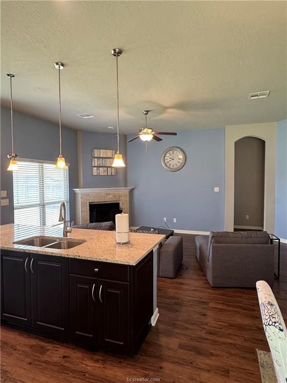 Fireplace, Interior, Kitchen, Living room, Pendant Lights, Wood Texture Flooring