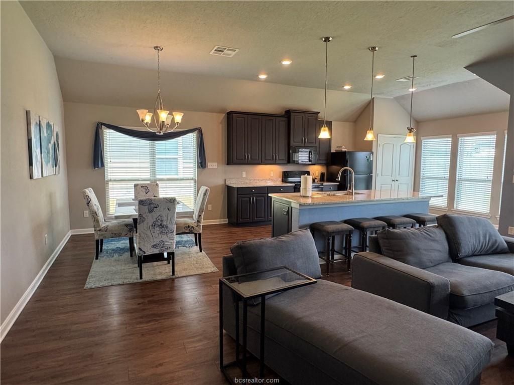 Chandelier, Dining room, Interior, Kitchen, Living room, Pendant Lights, Recessed Lighting, Wood Texture Flooring