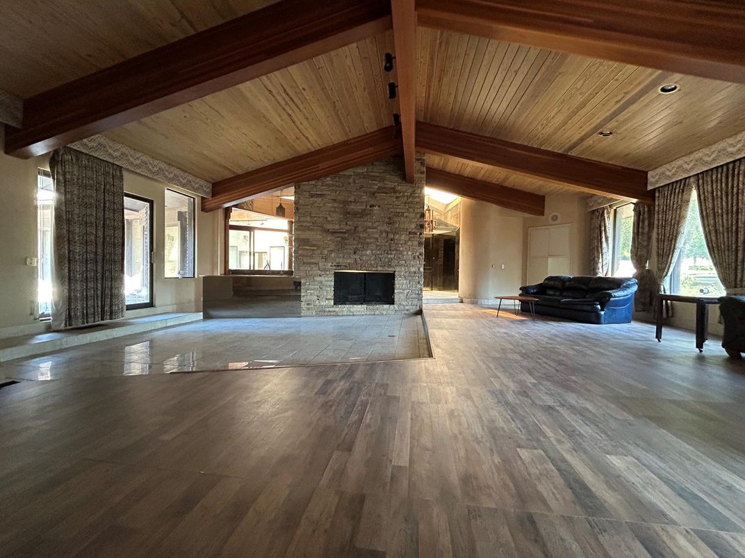 Empty room, Fireplace, Interior, Stone Walls, Wooden Beams, Wooden Ceilings, Wood Texture Flooring