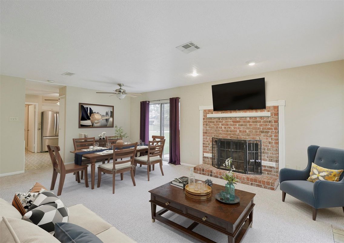 Dining room, Fireplace, Interior, Living room, Recessed Lighting