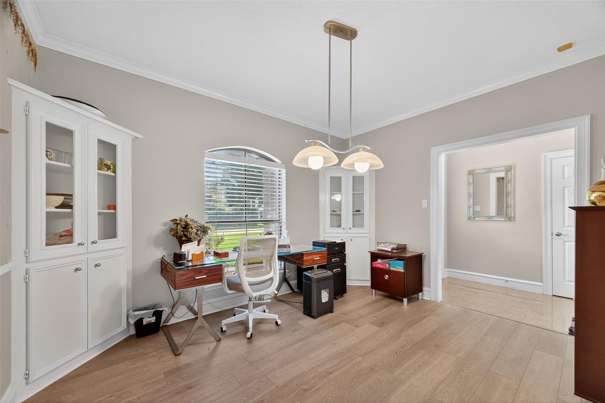 Home Office, Interior, Pendant Lights, Wood Texture Flooring