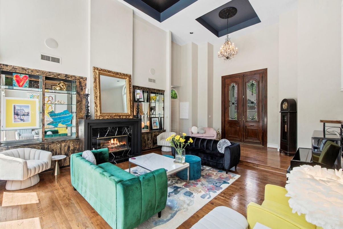 Chandelier, Fireplace, Interior, Living room, Recessed Lighting, Wood Texture Flooring
