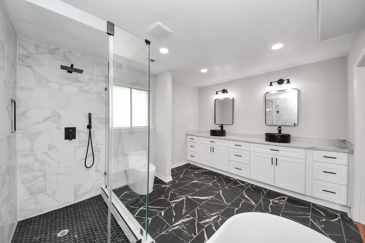 Bathroom, Dual Sink Vanities, Glass Shower, Interior, Marble Walls, Recessed Lighting