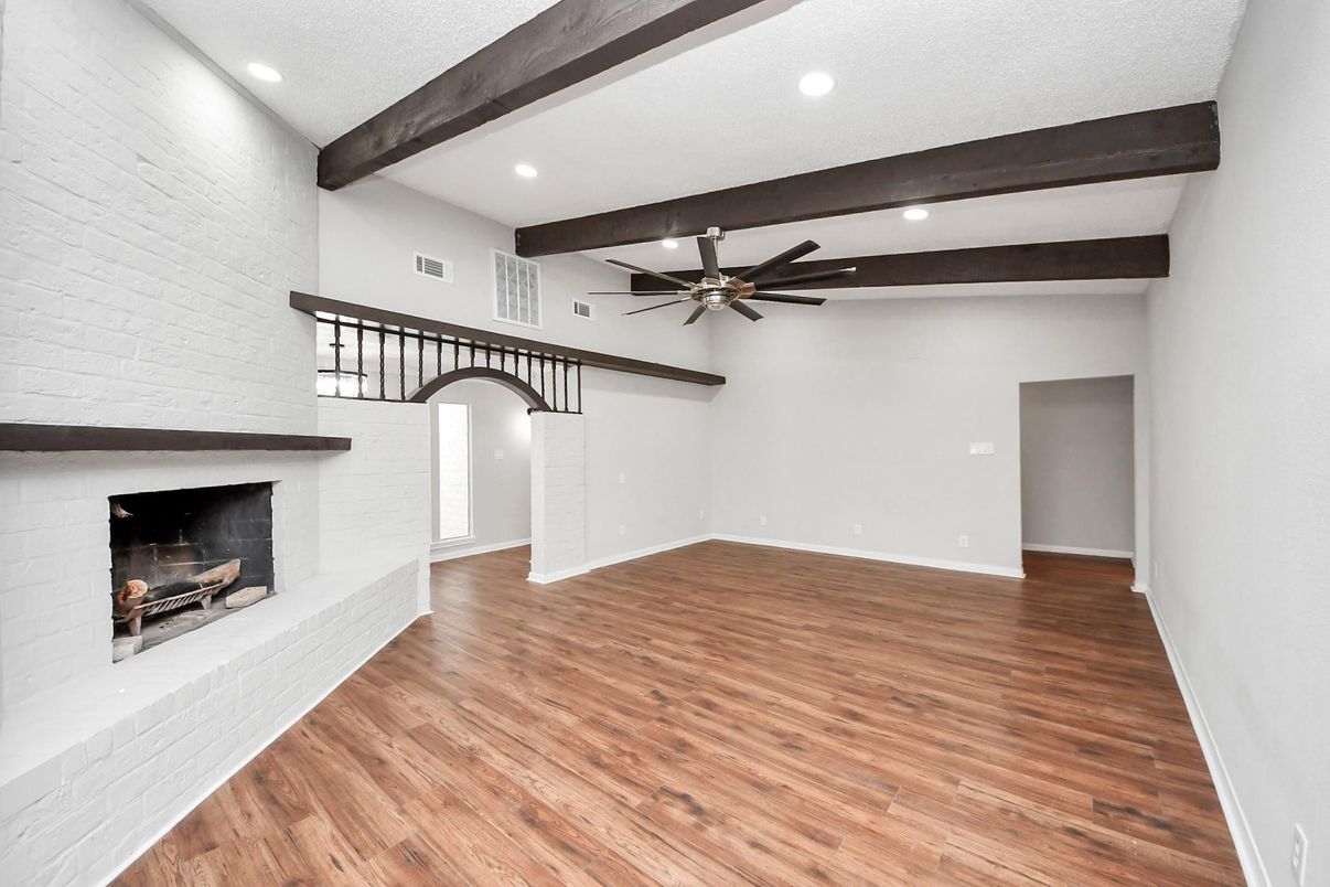 Empty room, Fireplace, Interior, Recessed Lighting, Wooden Beams, Wood Texture Flooring