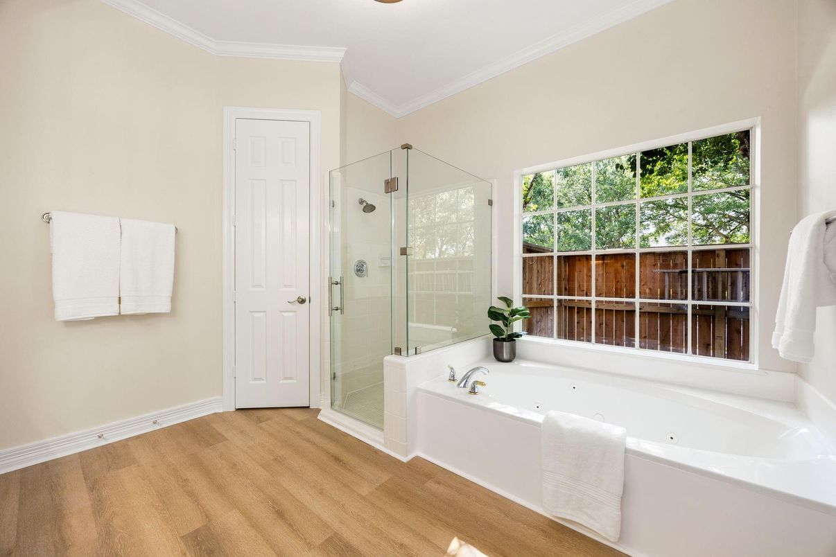 Bathroom, Glass Shower, Interior, Wood Texture Flooring