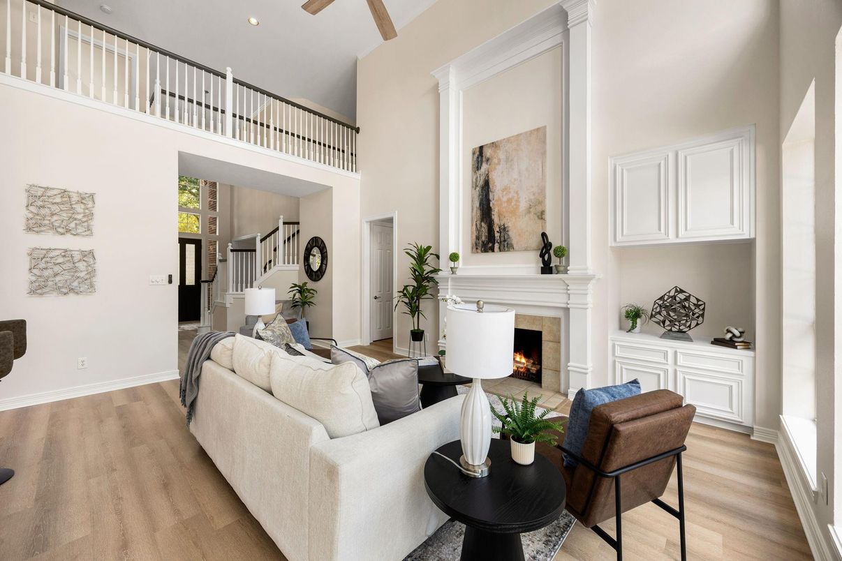 Fireplace, Interior, Living room, Recessed Lighting, Wood Texture Flooring