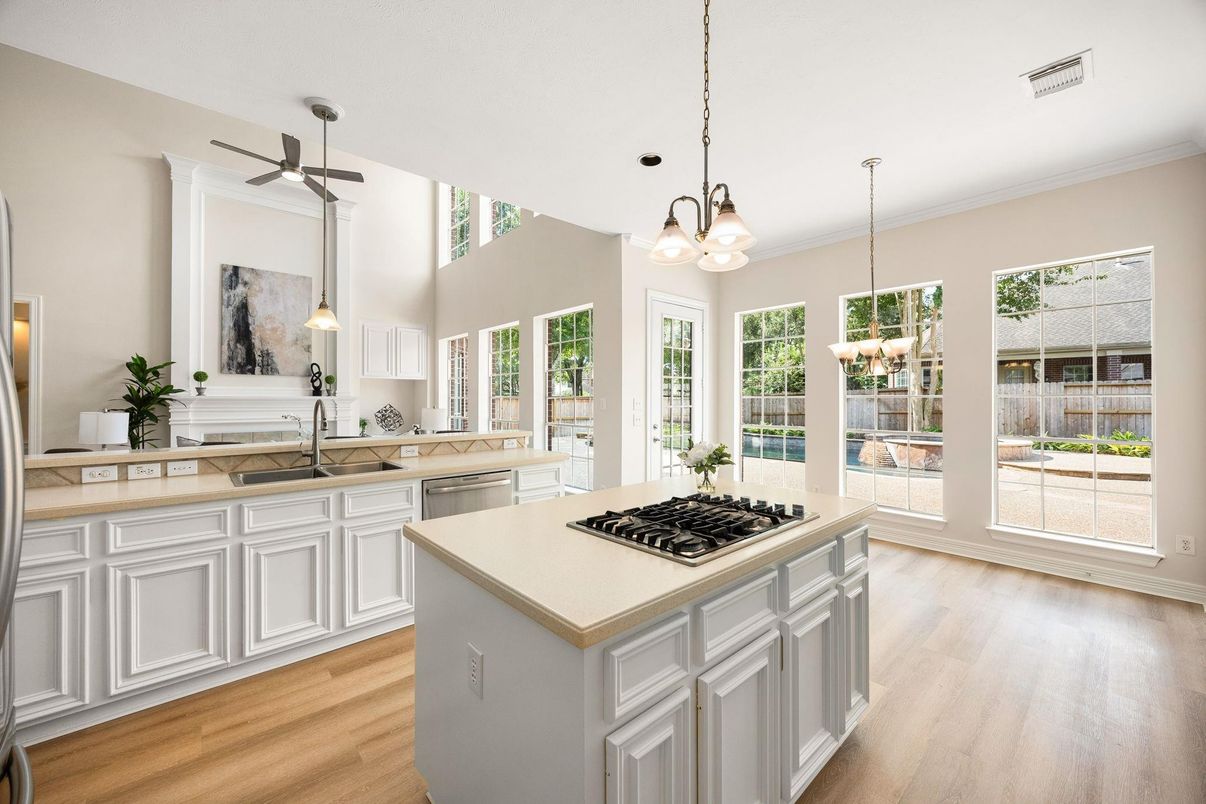 Interior, Kitchen, Pendant Lights, Wood Texture Flooring