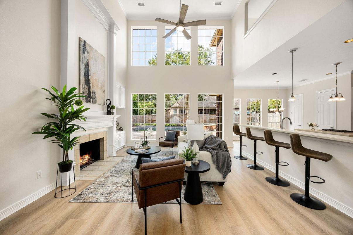 Fireplace, Interior, Living room, Pendant Lights, Wood Texture Flooring