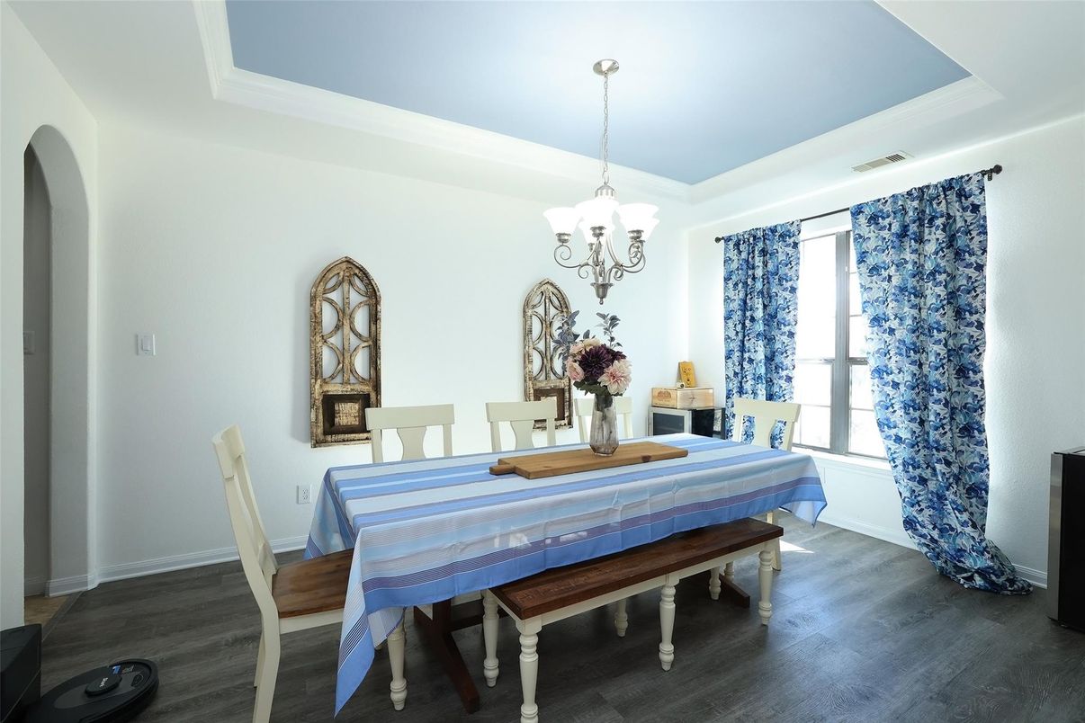 Chandelier, Dining room, Interior, Wood Texture Flooring