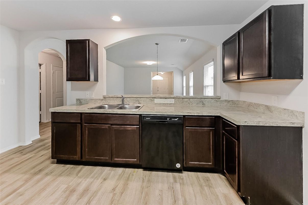 Interior, Kitchen, Pendant Lights, Recessed Lighting, Wood Texture Flooring