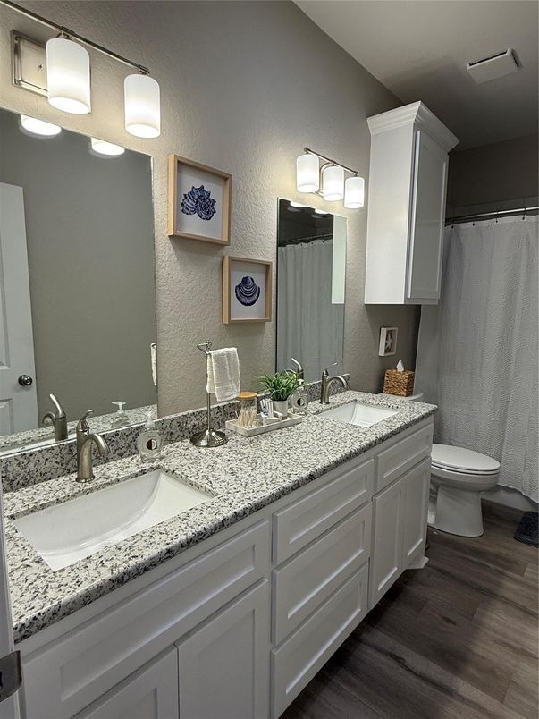 Bathroom, Dual Sink Vanities, Interior, Wood Texture Flooring