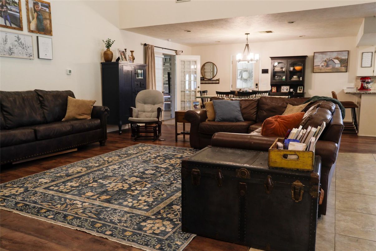 Dining room, Interior, Living room, Pendant Lights, Wood Texture Flooring