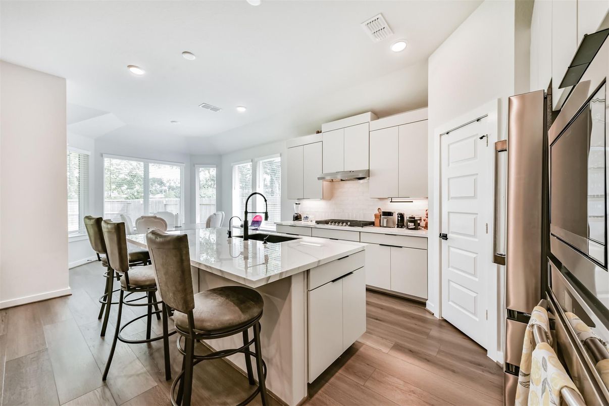 Interior, Kitchen, Recessed Lighting, Stainless Steel Appliances, Wood Texture Flooring