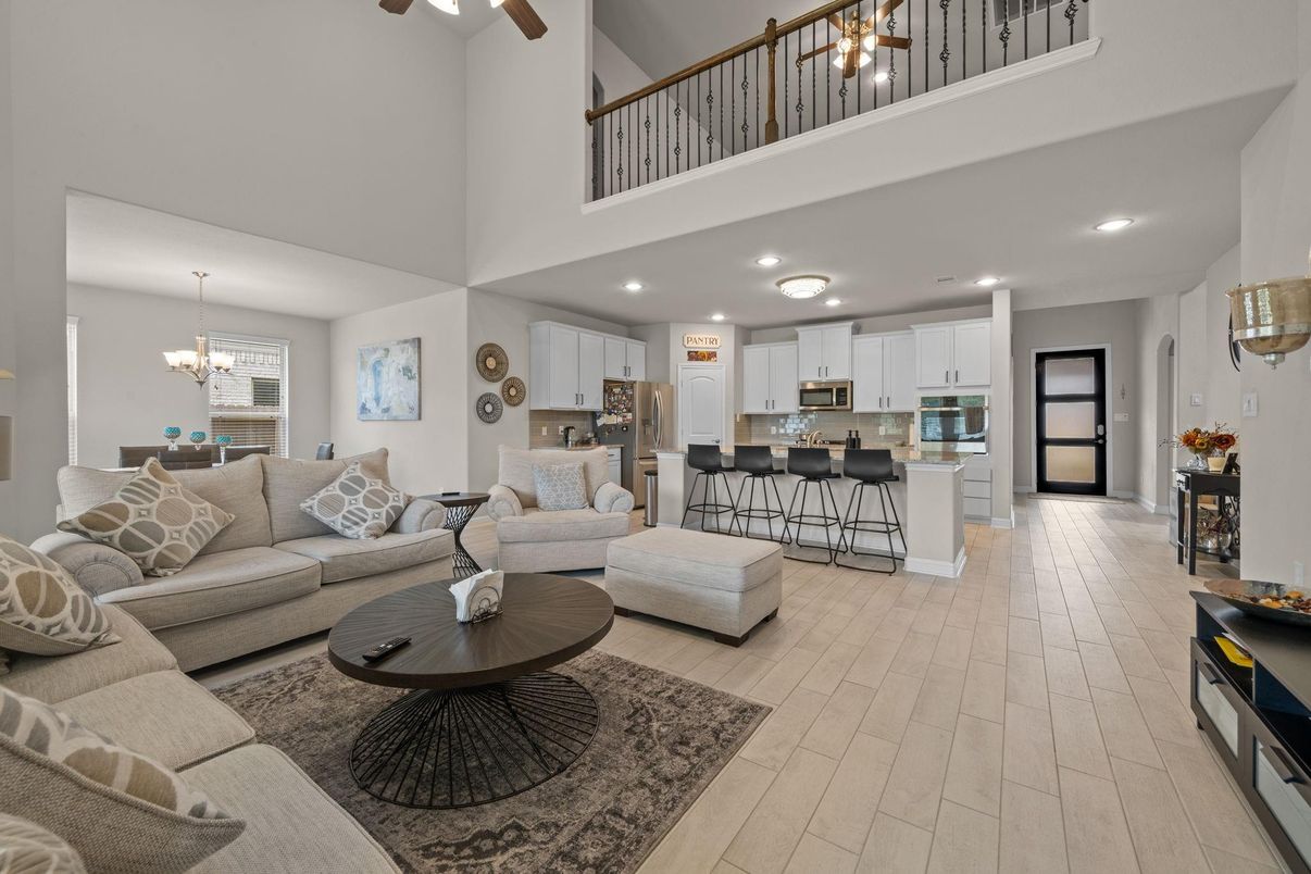 Chandelier, Dining room, Interior, Kitchen, Living room, Recessed Lighting, Wood Texture Flooring
