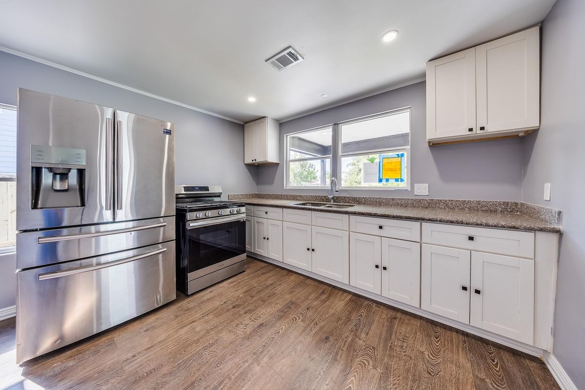 Interior, Kitchen, Recessed Lighting, Stainless Steel Appliances, Wood Texture Flooring