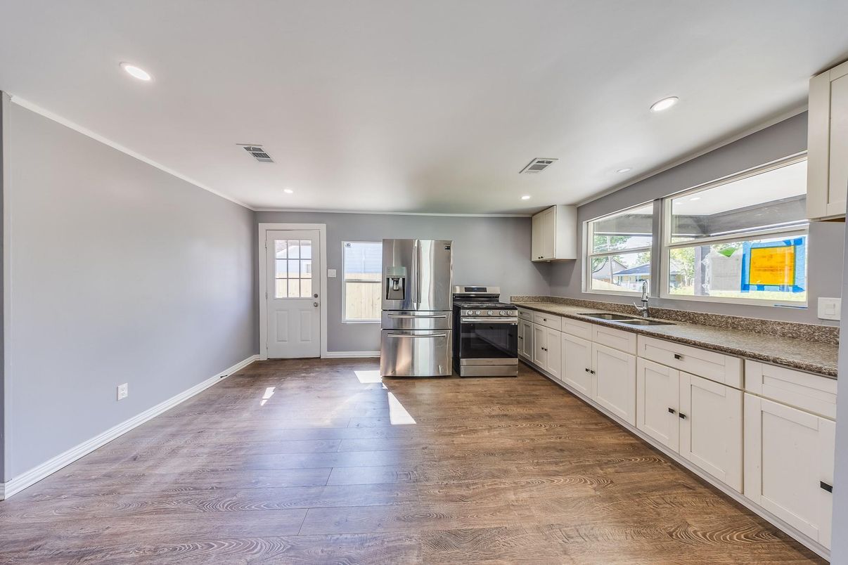 Interior, Kitchen, Recessed Lighting, Stainless Steel Appliances, Wood Texture Flooring