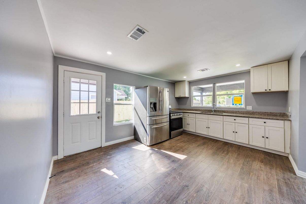 Interior, Kitchen, Recessed Lighting, Stainless Steel Appliances, Wood Texture Flooring