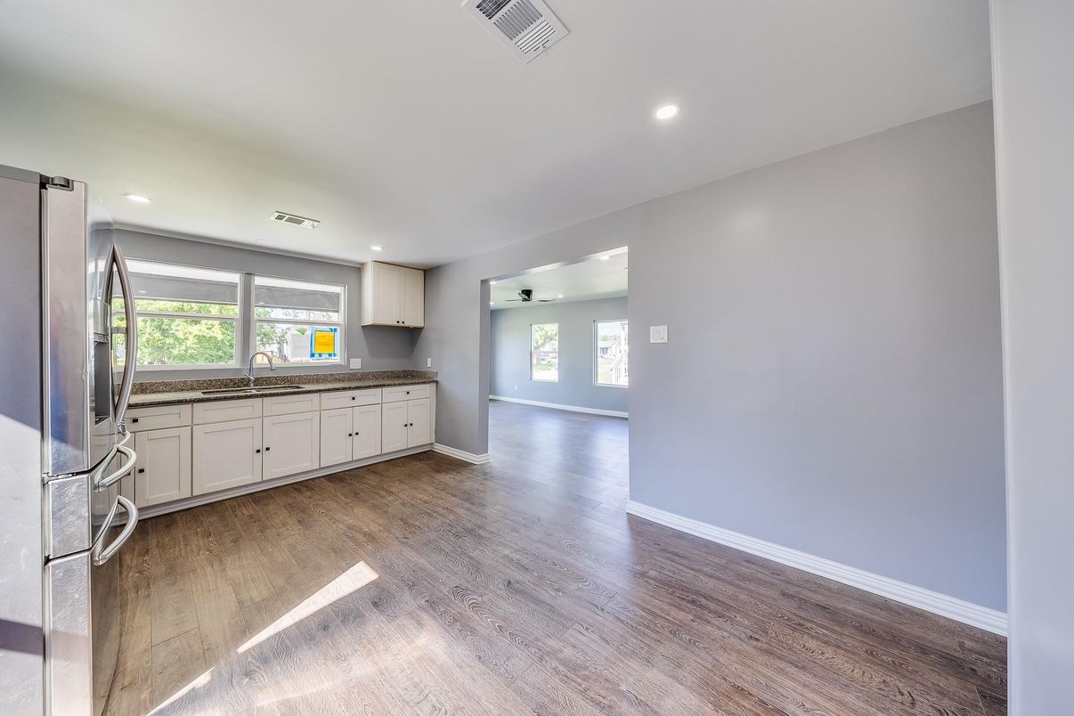 Empty room, Interior, Kitchen, Recessed Lighting, Wood Texture Flooring