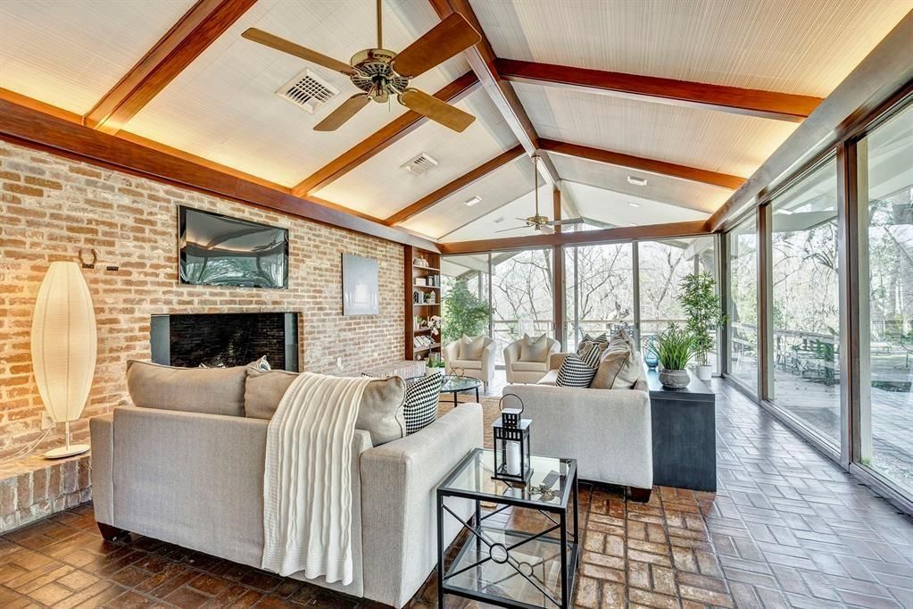 Fireplace, Interior, Living room, Recessed Lighting, Stone Walls, Wooden Beams