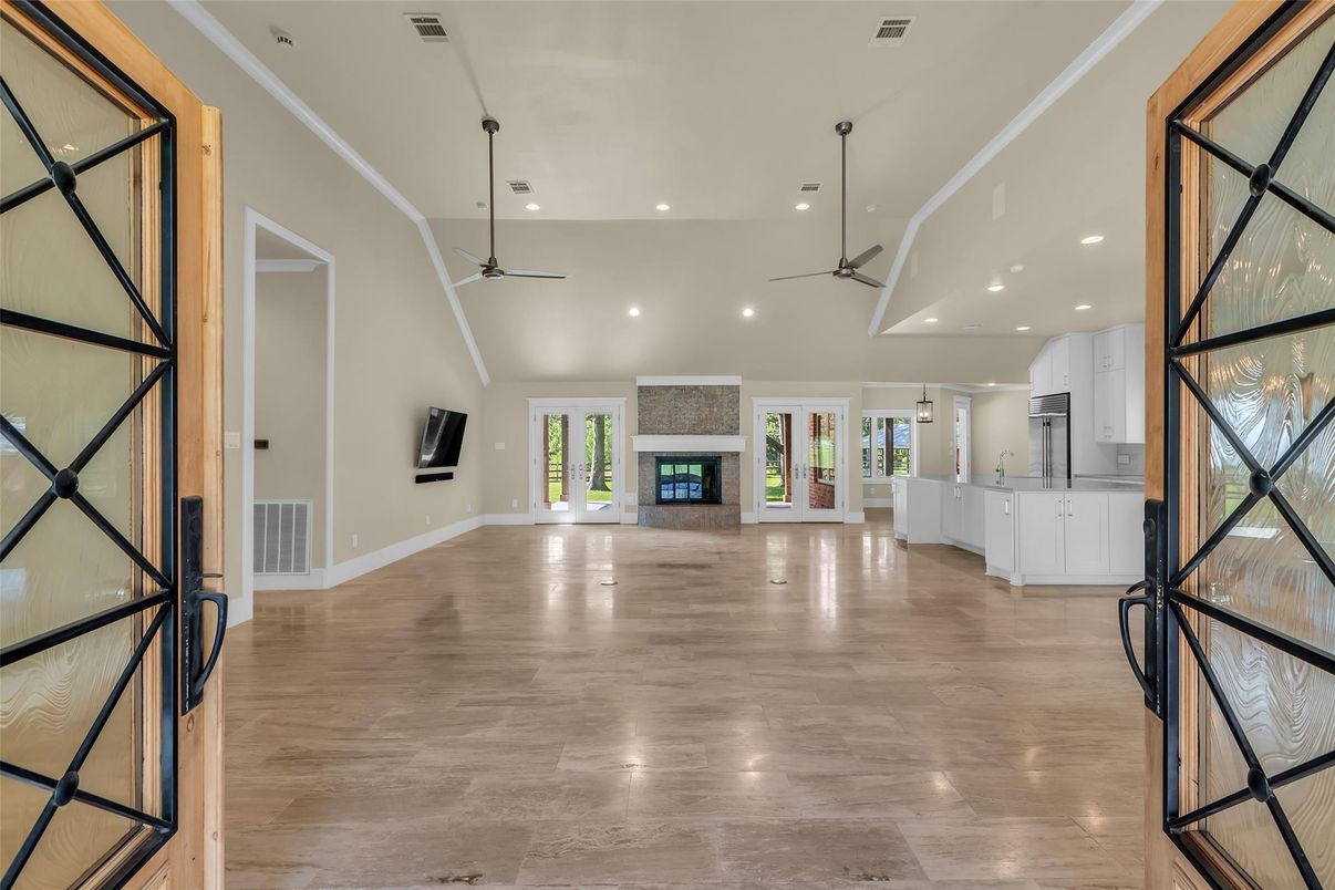 Empty room, Fireplace, Interior, Kitchen, Recessed Lighting, Wood Texture Flooring