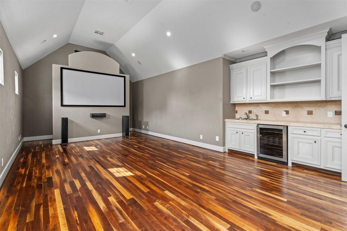 Empty room, Interior, Projection Screen, Recessed Lighting, Wood Texture Flooring