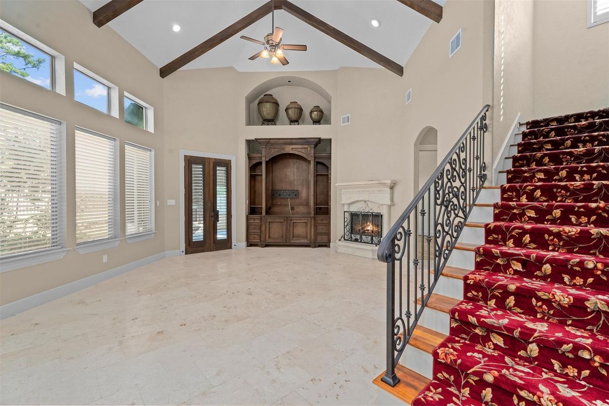 Fireplace, Interior, Recessed Lighting, Wooden Beams