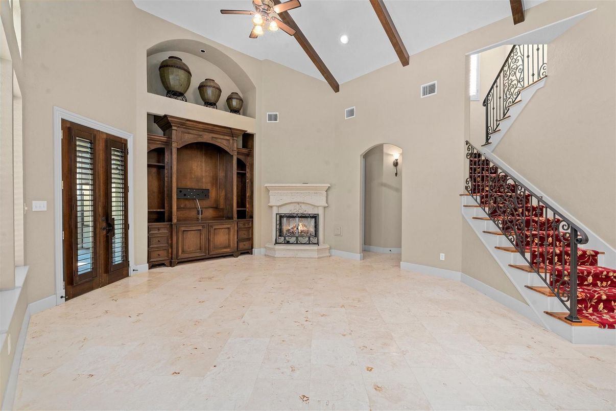Fireplace, Interior, Recessed Lighting, Wooden Beams