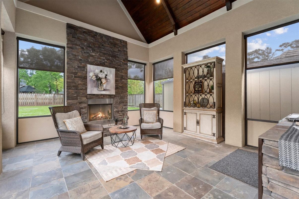 Fireplace, Interior, Living room, Recessed Lighting, Stone Walls, Wooden Ceilings