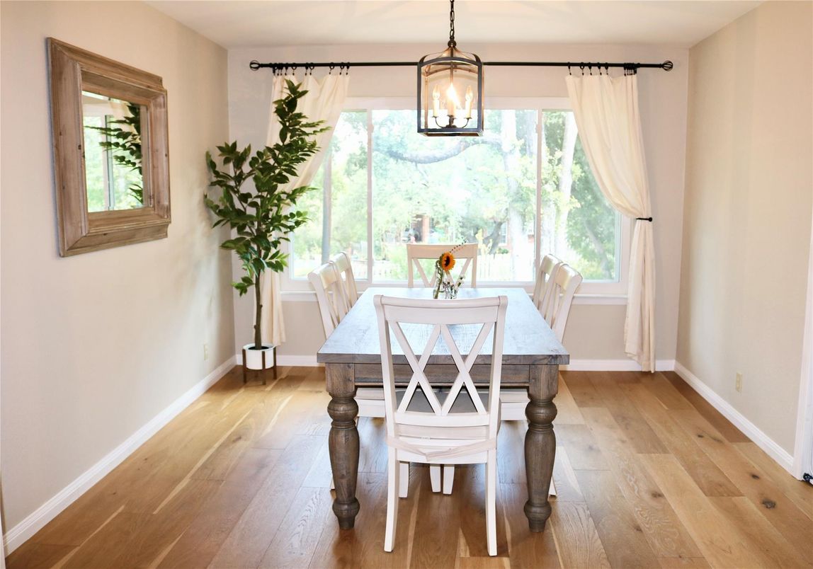 Dining room, Interior, Pendant Lights, Wood Texture Flooring