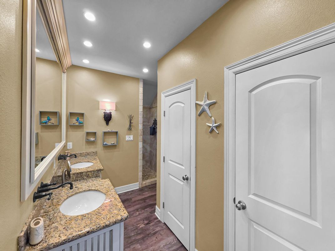 Bathroom, Dual Sink Vanities, Interior, Recessed Lighting, Wood Texture Flooring