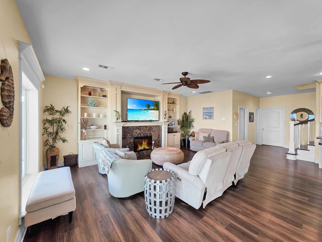 Fireplace, Interior, Living room, Recessed Lighting, Wood Texture Flooring