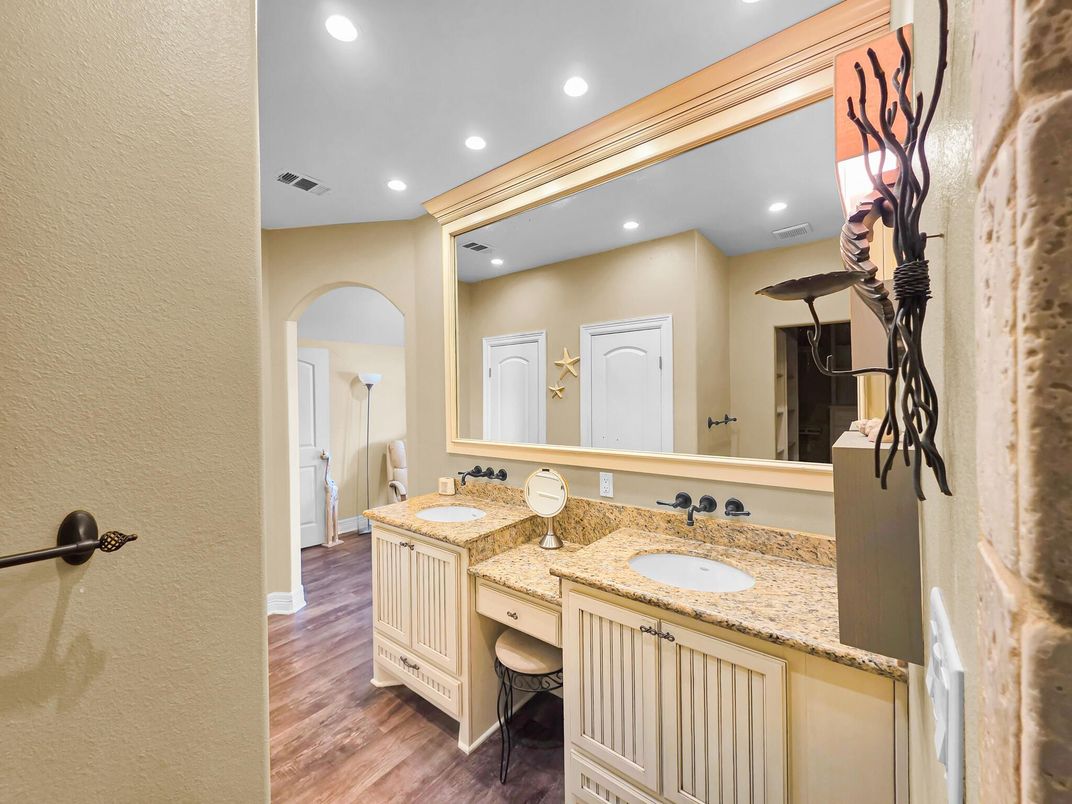 Bathroom, Dual Sink Vanities, Interior, Recessed Lighting, Wood Texture Flooring