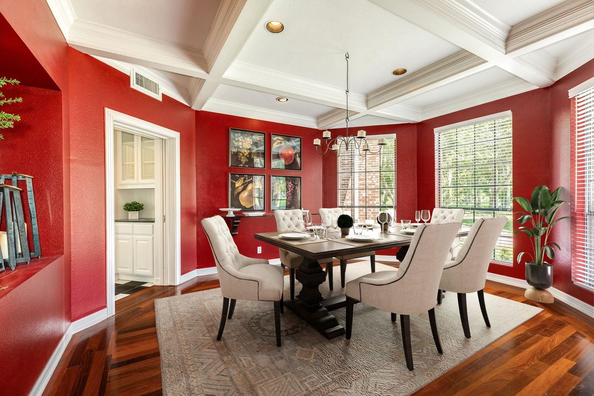 Dining room, Interior, Pendant Lights, Recessed Lighting, Wood Texture Flooring