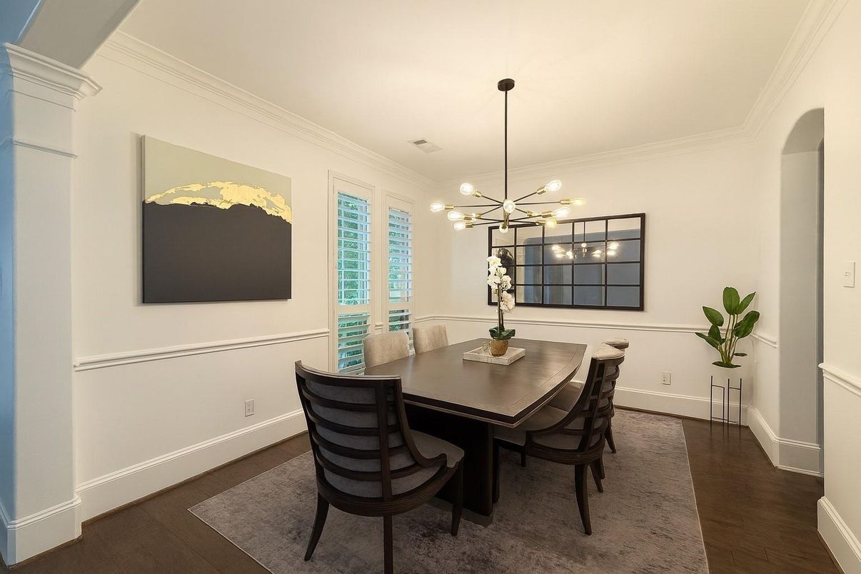Dining room, Interior, Pendant Lights, Wood Texture Flooring