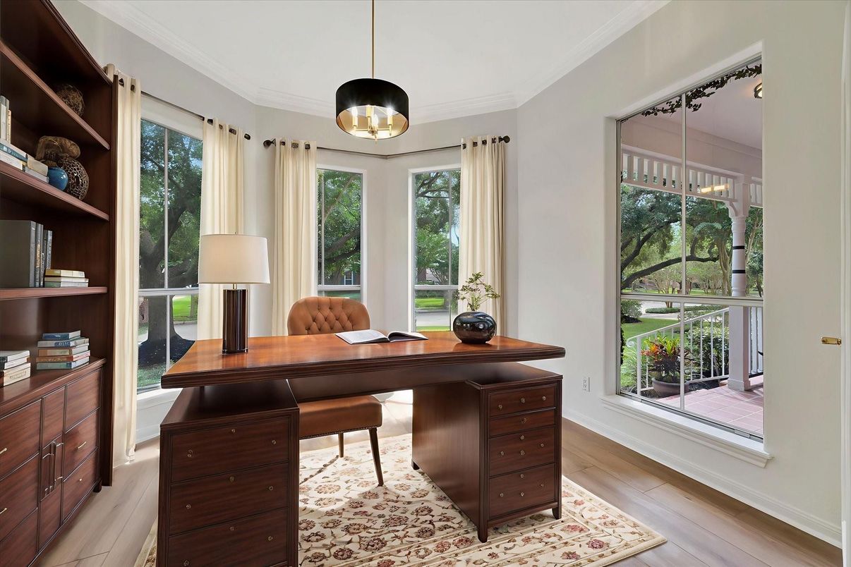 Home Office, Interior, Pendant Lights, Wood Texture Flooring