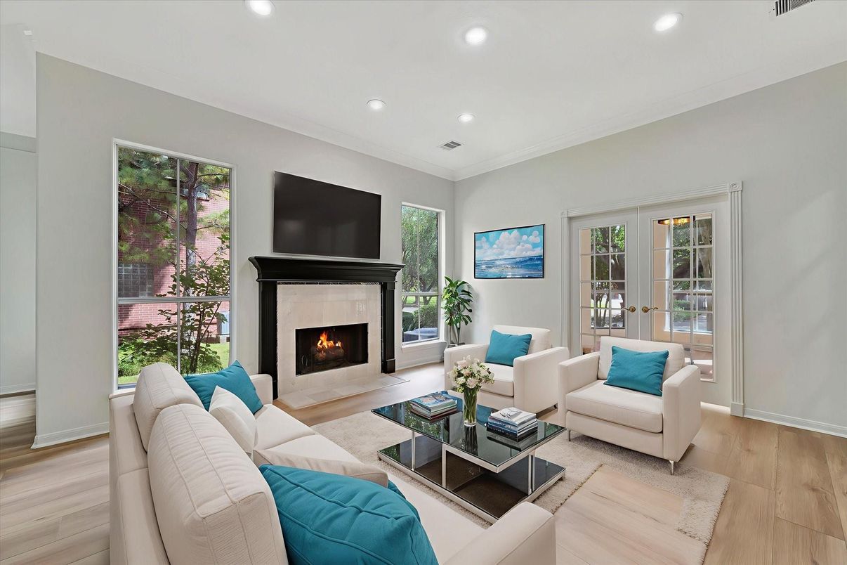 Fireplace, Interior, Living room, Recessed Lighting, Wood Texture Flooring