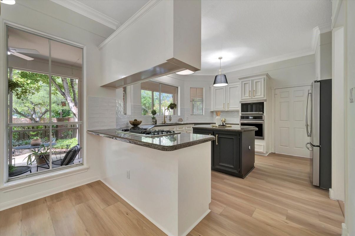 Interior, Kitchen, Pendant Lights, Stainless Steel Appliances, Wood Texture Flooring