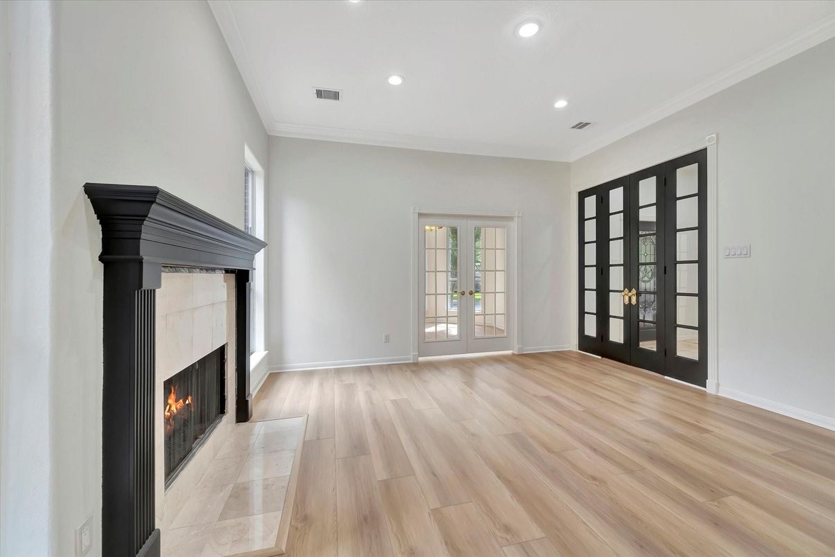 Empty room, Fireplace, Interior, Recessed Lighting, Wood Texture Flooring