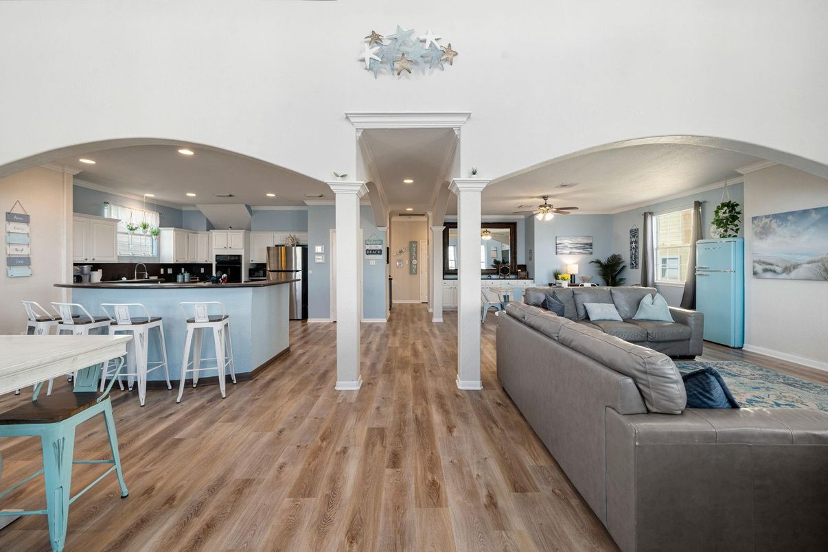 Dining room, Interior, Kitchen, Living room, Recessed Lighting, Stainless Steel Appliances, Wood Texture Flooring