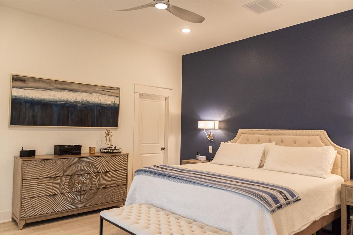 Bedroom, Interior, Recessed Lighting, Wood Texture Flooring