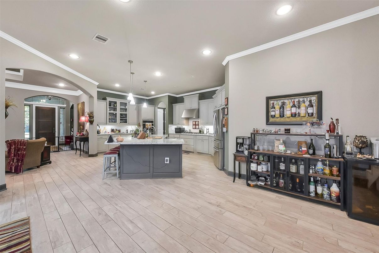 Interior, Kitchen, Pendant Lights, Recessed Lighting, Stainless Steel Appliances, Wood Texture Flooring