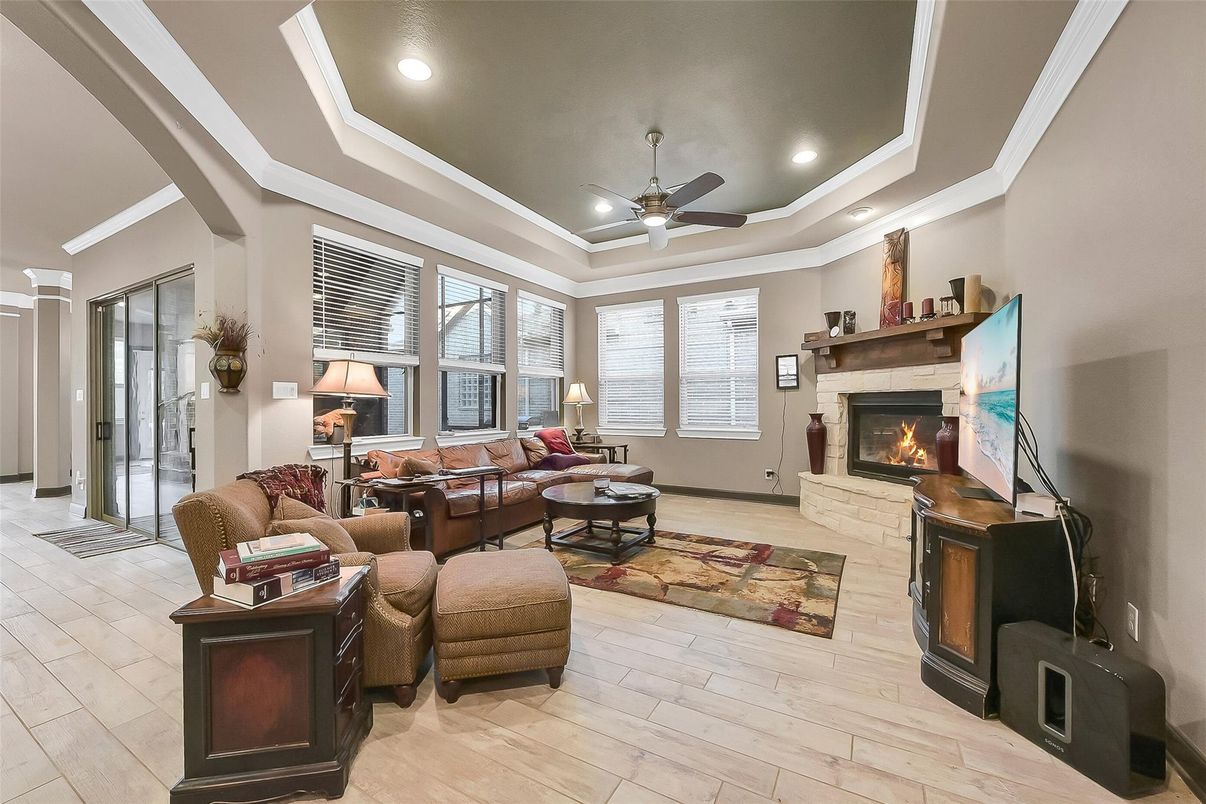 Fireplace, Interior, Living room, Recessed Lighting, Wood Texture Flooring