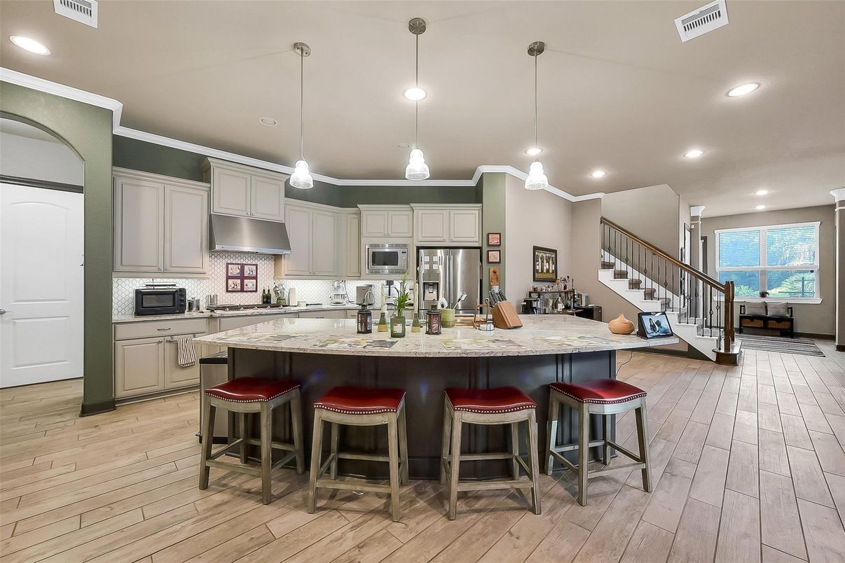 Interior, Kitchen, Pendant Lights, Recessed Lighting, Stainless Steel Appliances, Wood Texture Flooring