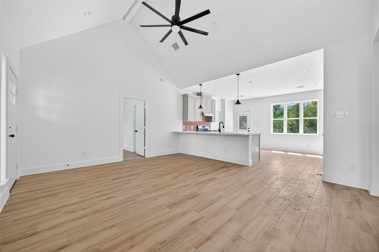 Empty room, Interior, Kitchen, Pendant Lights, Recessed Lighting, Wood Texture Flooring