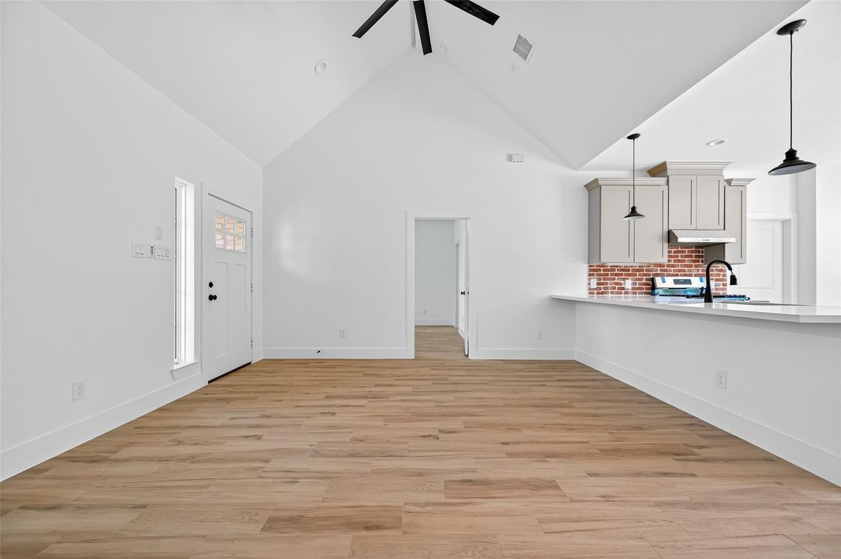 Empty room, Interior, Kitchen, Pendant Lights, Wood Texture Flooring