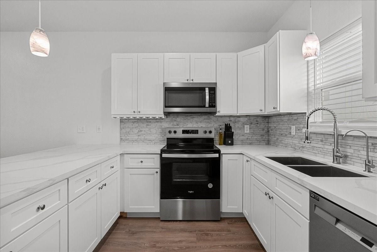 Interior, Kitchen, Pendant Lights, Stainless Steel Appliances, Wood Texture Flooring