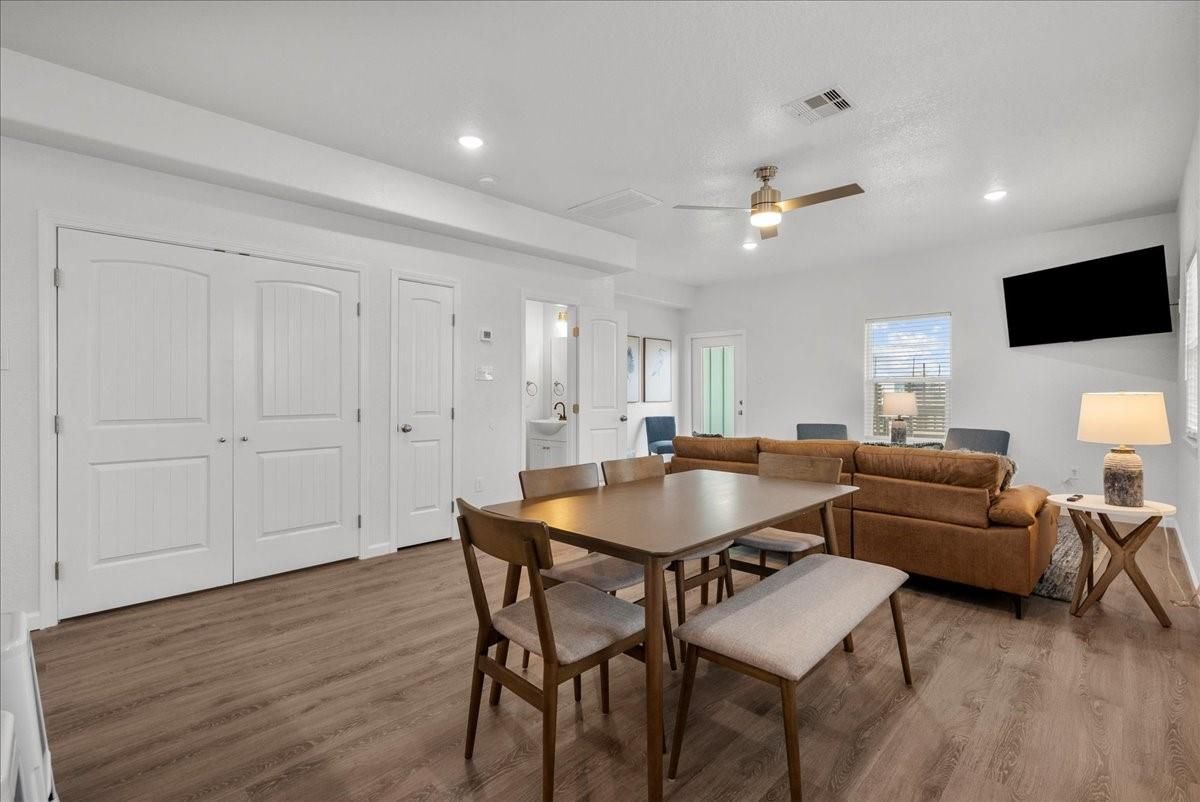 Dining room, Interior, Living room, Recessed Lighting, Wood Texture Flooring