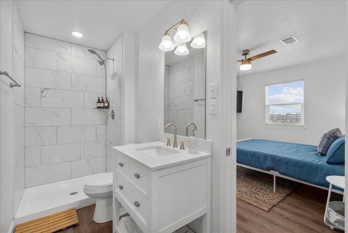 Bathroom, Bedroom, Interior, Marble Walls, Recessed Lighting, Wood Texture Flooring