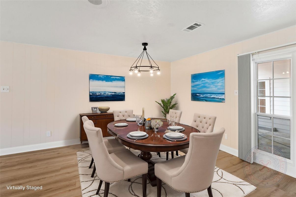 Dining room, Interior, Pendant Lights, Wood Texture Flooring